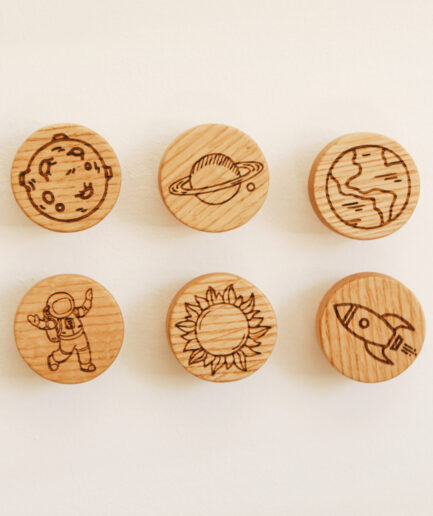 Set of 6 wooden space-themed drawer knobs made from oak