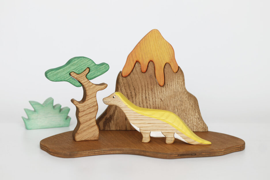 Dinosaure et Volcano en bois set pour garçon.