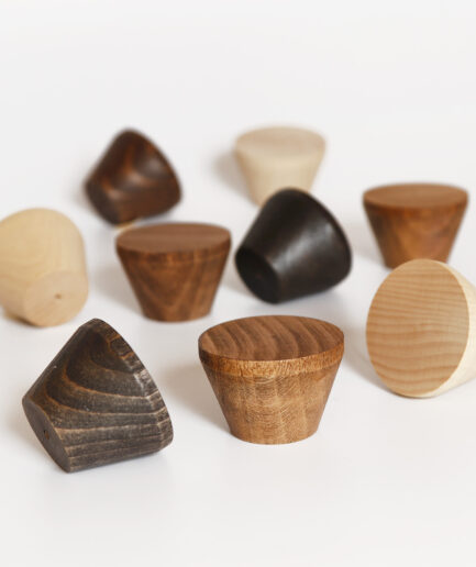 Handmade wooden cone knobs in natural wood finishes