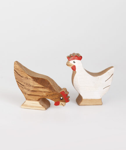 Wooden chicken figurines for farm play and nursery decor