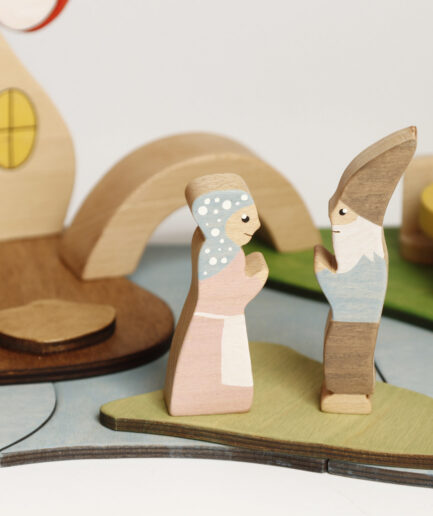 Handcrafted wooden Fairy Tale Mushroom Cottage for imaginative Montessori and Waldorf play.